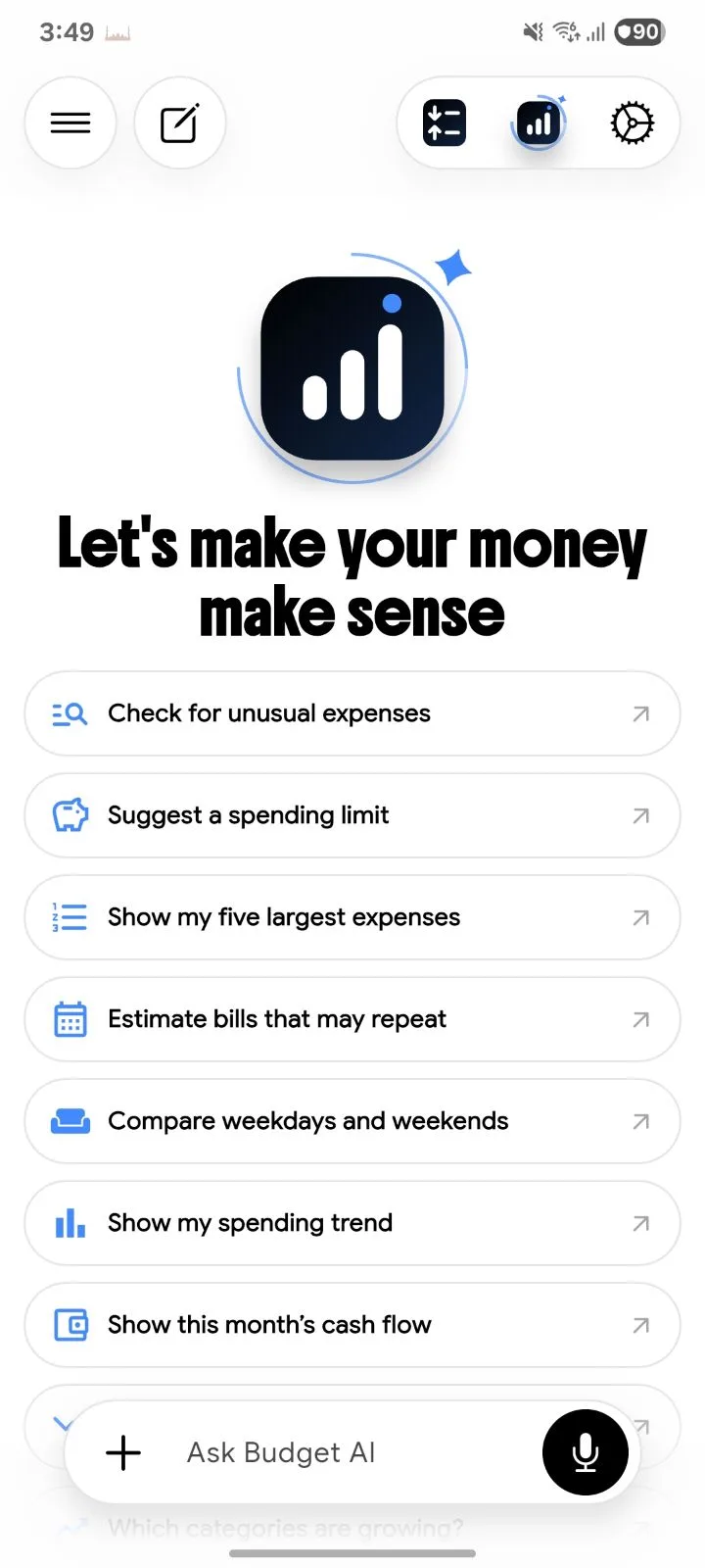 Budget AI chat with suggested questions