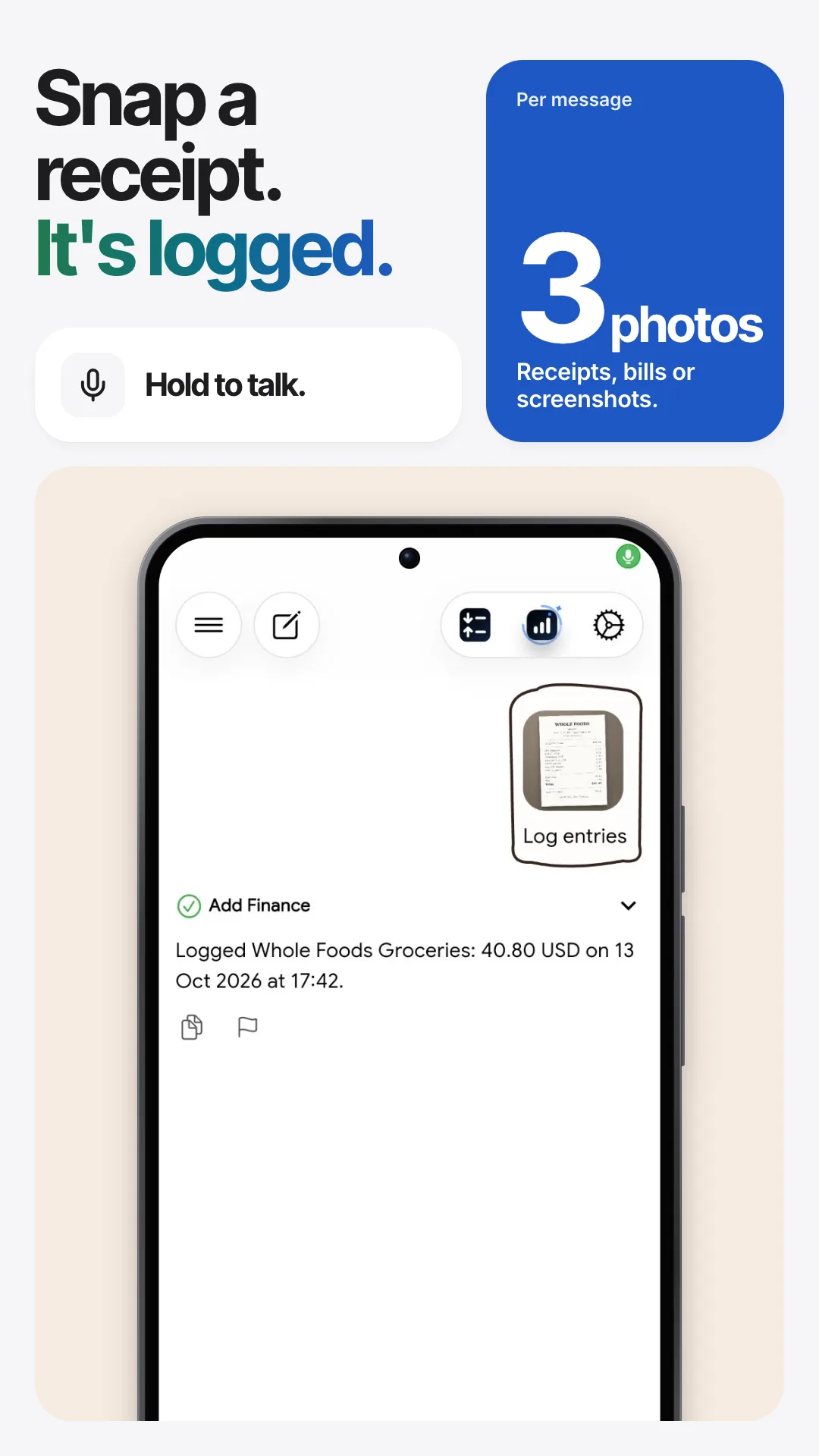 Snap a receipt. It's logged.