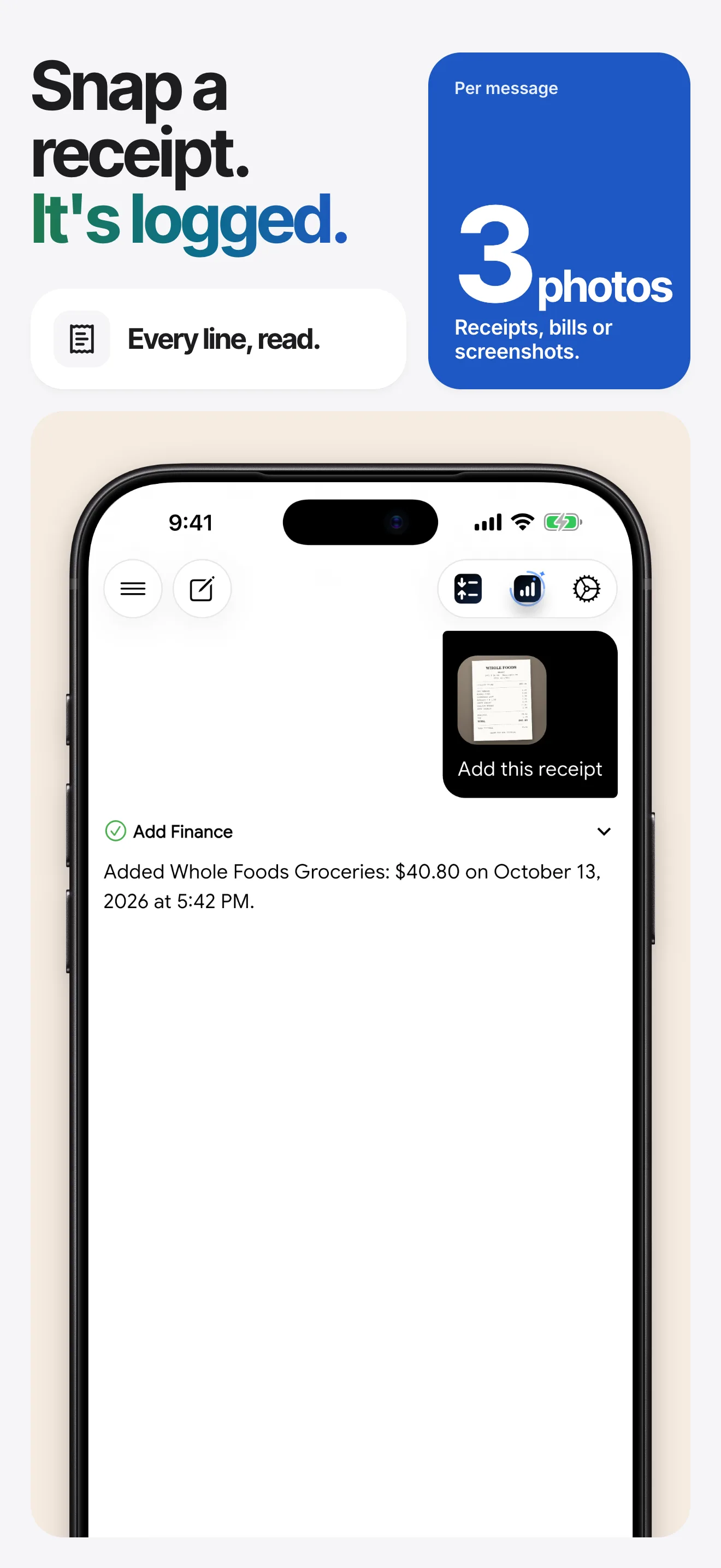 Snap a receipt. It's logged.
