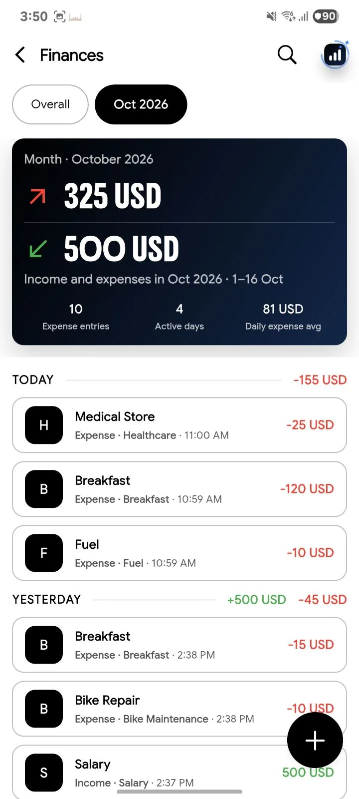 Finances list with income and expenses