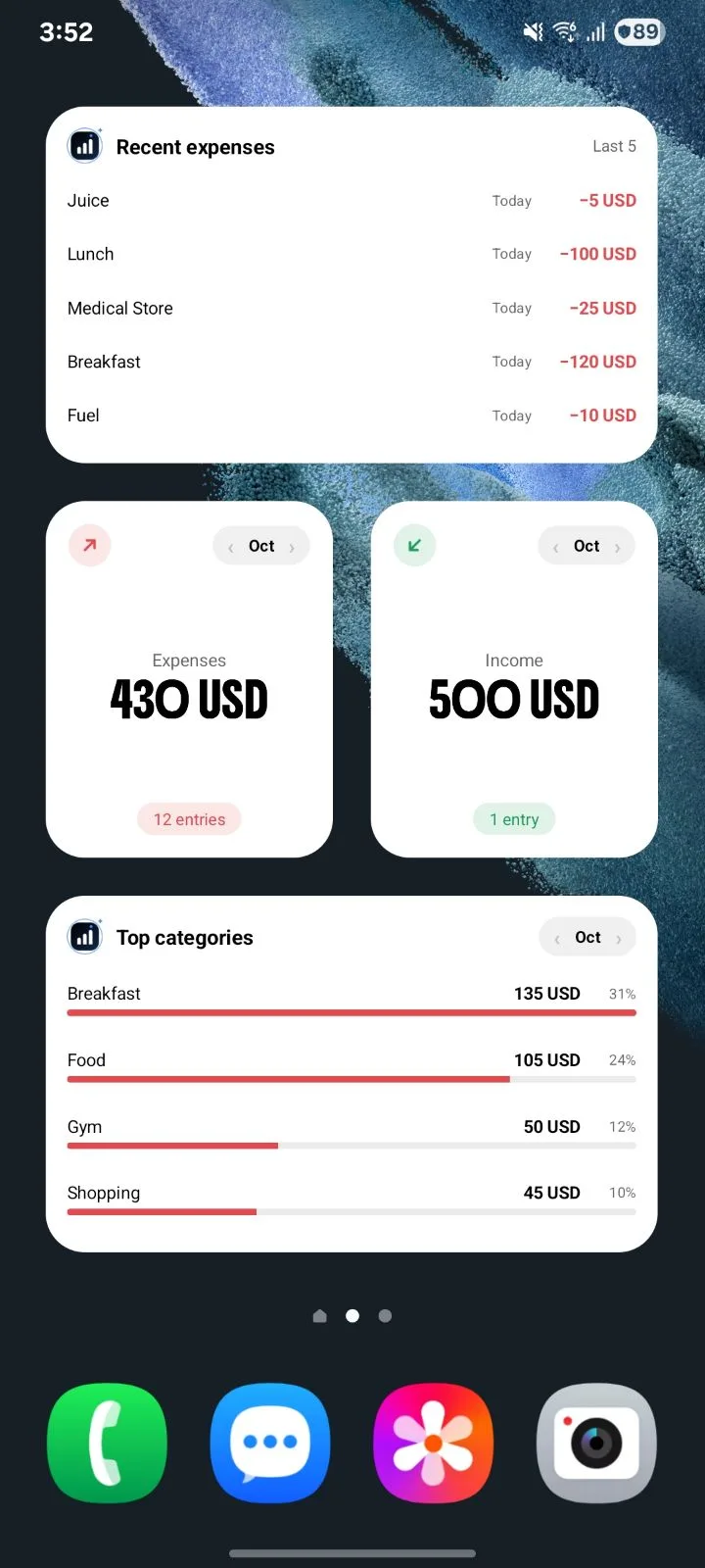 Recent expenses, totals and top categories widgets