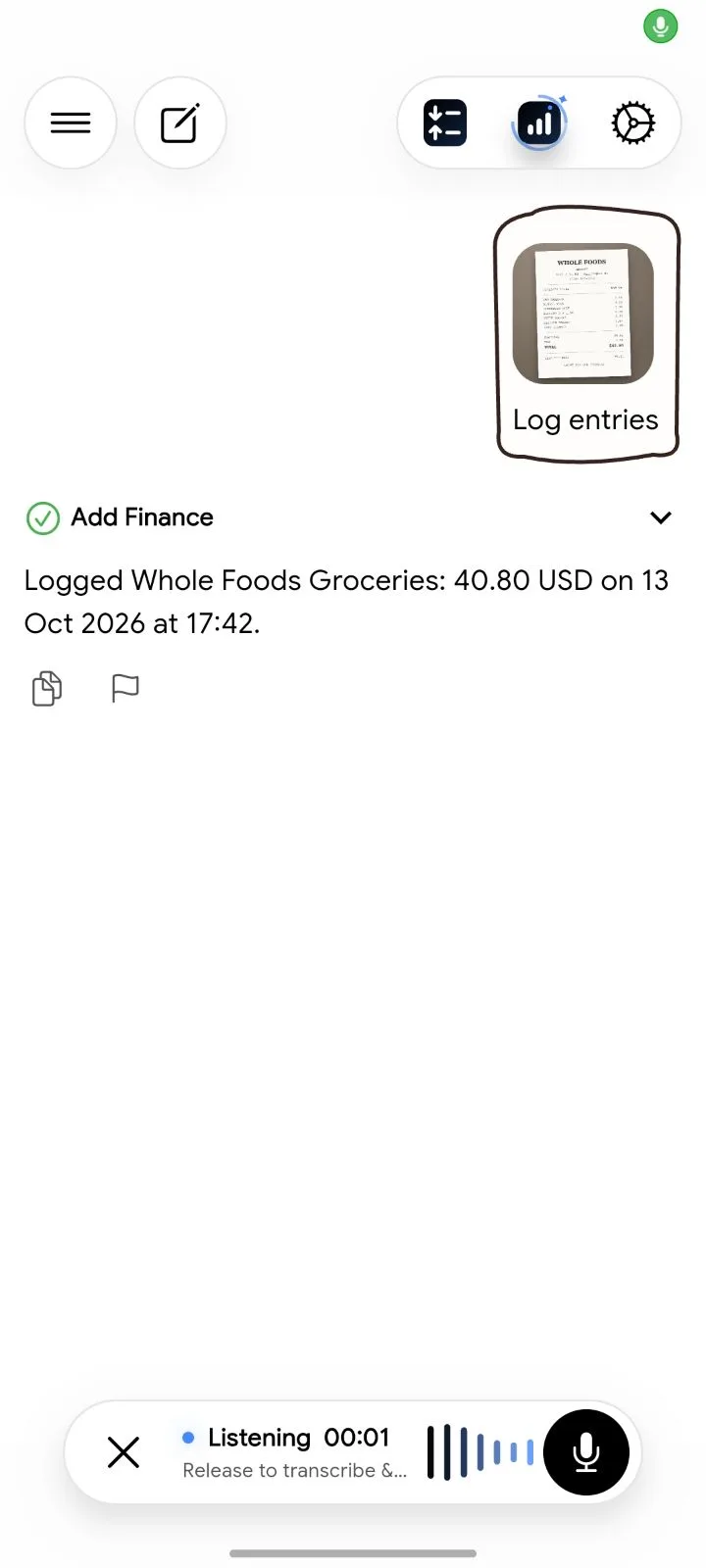 Chat logging a Whole Foods receipt